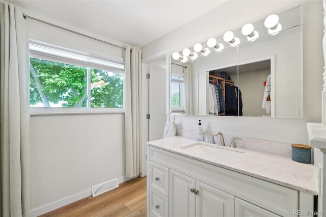 841 Beech St, Golden, CO 80401 - bathroom with vanity, wood finished floors, and a walk in closet