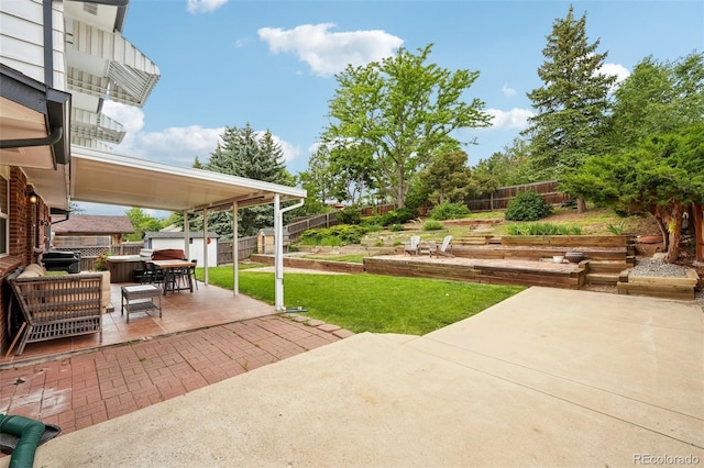 841 Beech St, Golden, CO 80401 - fenced backyard featuring a patio area, an outbuilding, and outdoor dining space