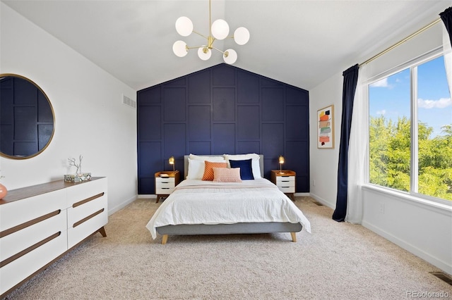3357 Holly Hock Ct, Castle Rock, CO 80109 - bedroom with lofted ceiling, multiple windows, a chandelier, and light carpet