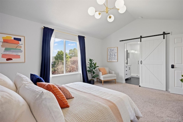 3357 Holly Hock Ct, Castle Rock, CO 80109 - bedroom with a barn door, carpet, lofted ceiling, and a chandelier