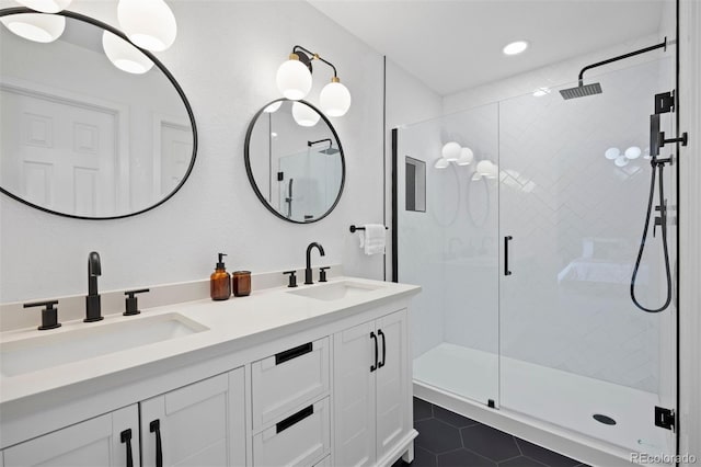 3357 Holly Hock Ct, Castle Rock, CO 80109 - full bath with a shower stall, double vanity, tile patterned flooring, and recessed lighting