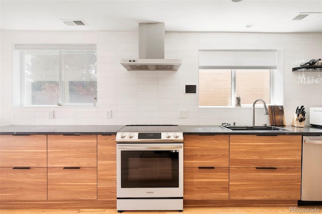 401 S Ivy St, Denver, CO 80224 - kitchen featuring stainless steel appliances, ventilation hood, modern cabinets, and a sink