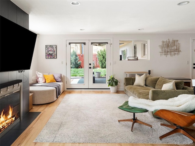 401 S Ivy St, Denver, CO 80224 - living room featuring light wood-style floors, french doors, a fireplace, and recessed lighting