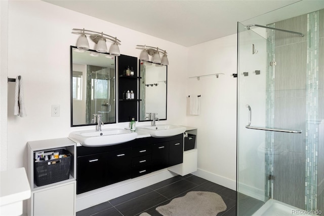 401 S Ivy St, Denver, CO 80224 - bathroom featuring a stall shower, double vanity, and tile patterned floors