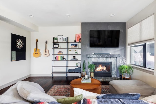 3420 W 32nd Ave Unit 203, Denver, CO 80211 - living area with wood finished floors, a premium fireplace, and recessed lighting