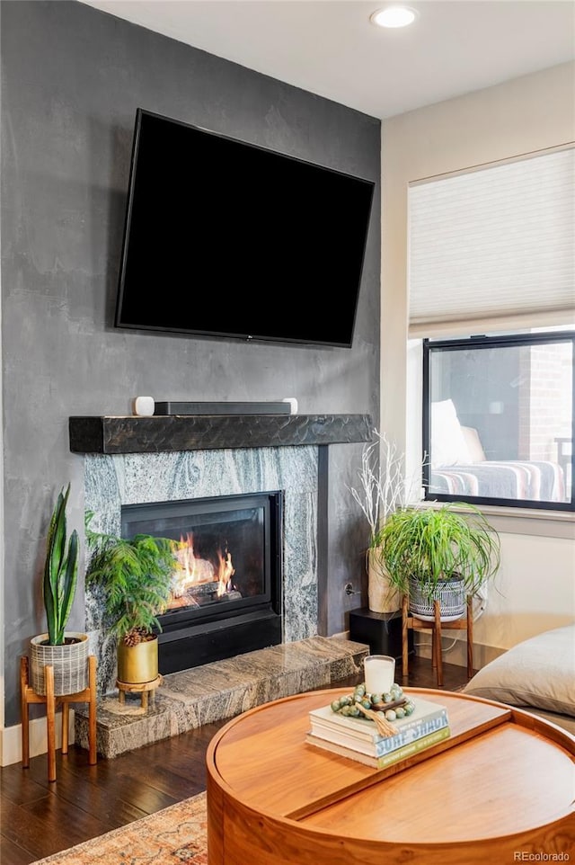 3420 W 32nd Ave Unit 203, Denver, CO 80211 - detailed view of a glass covered fireplace, wood finished floors, and recessed lighting