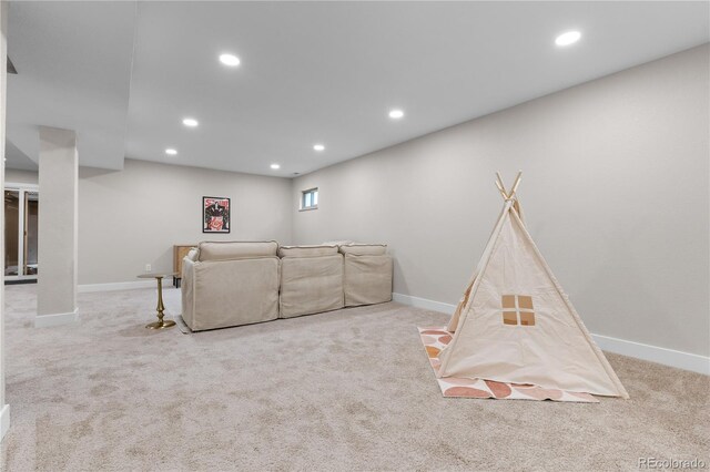 playroom with carpet flooring, recessed lighting, and baseboards
