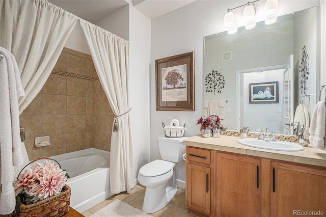 full bathroom with tile patterned floors, toilet, shower / bath combo, and vanity