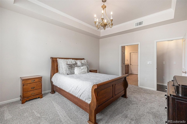 7865 Vallagio Ln Unit 308, Englewood, CO 80112 - bedroom featuring a chandelier, a raised ceiling, light carpet, and crown molding