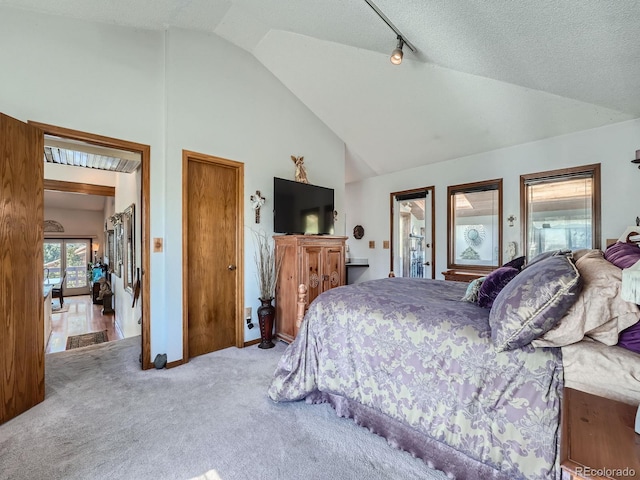 bedroom with carpet floors, a textured ceiling, and high vaulted ceiling