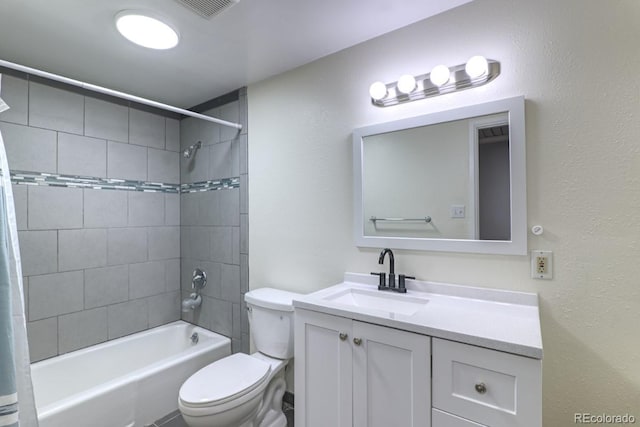 bathroom featuring vanity, visible vents, toilet, and shower / bath combination with curtain