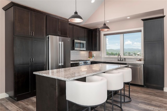 251 Grand Elk Way, Granby, CO 80446 - kitchen featuring stainless steel appliances, lofted ceiling, wood finished floors, dark brown cabinetry, and a kitchen island