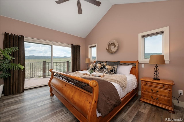 251 Grand Elk Way, Granby, CO 80446 - bedroom featuring access to outside, high vaulted ceiling, wood finished floors, and ceiling fan