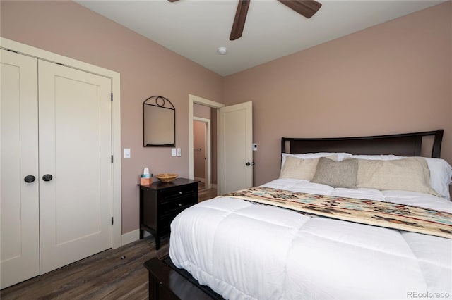 251 Grand Elk Way, Granby, CO 80446 - bedroom featuring dark wood-style floors, a ceiling fan, and a closet