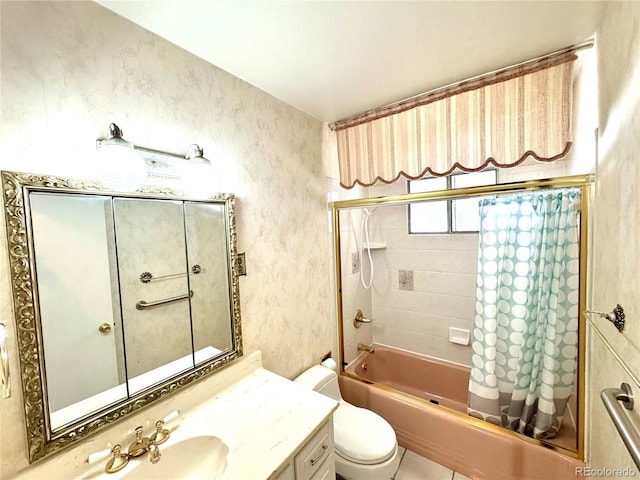 bathroom with toilet, vanity, and shower / bathtub combination with curtain
