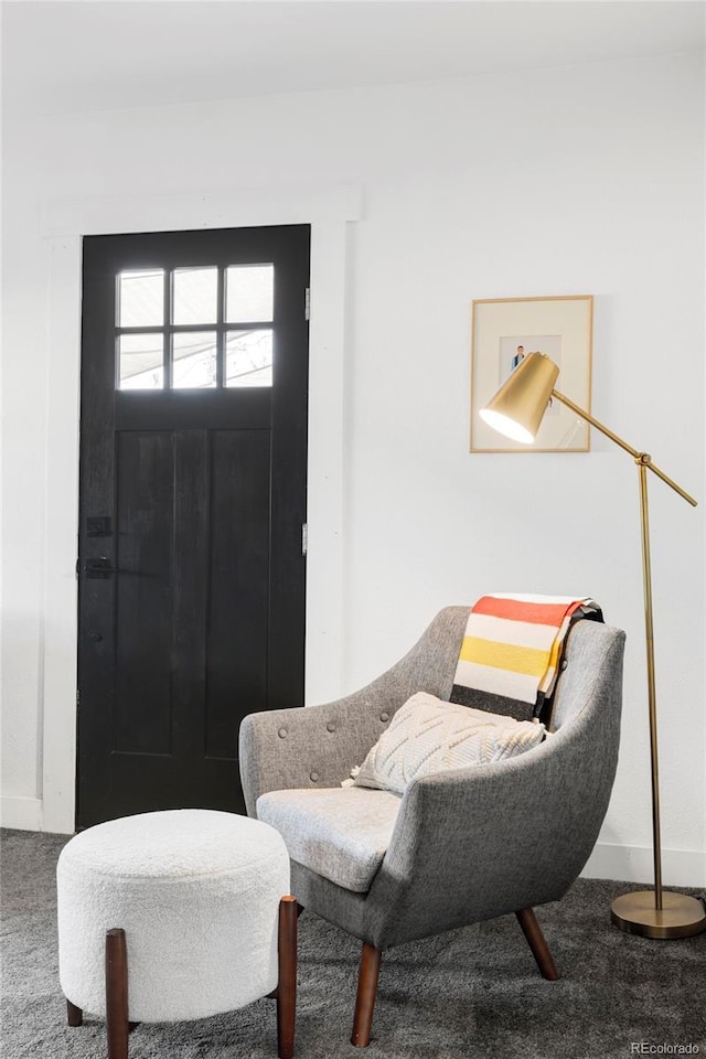 living area featuring baseboards and carpet