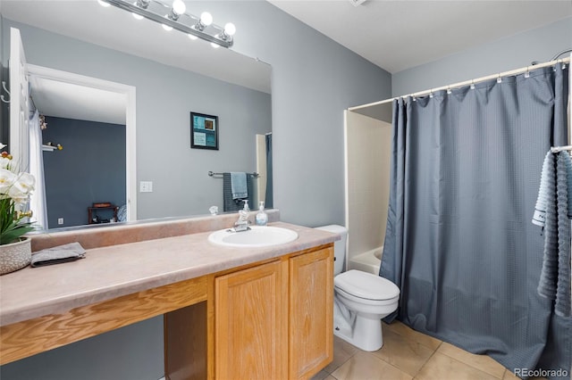 4184 Netherland St, Denver, CO 80249 - full bath featuring tile patterned floors, vanity, shower / bath combination with curtain, and toilet
