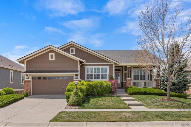 craftsman-style house featuring covered porch, a front yard, brick siding, concrete driveway, and an attached garage
