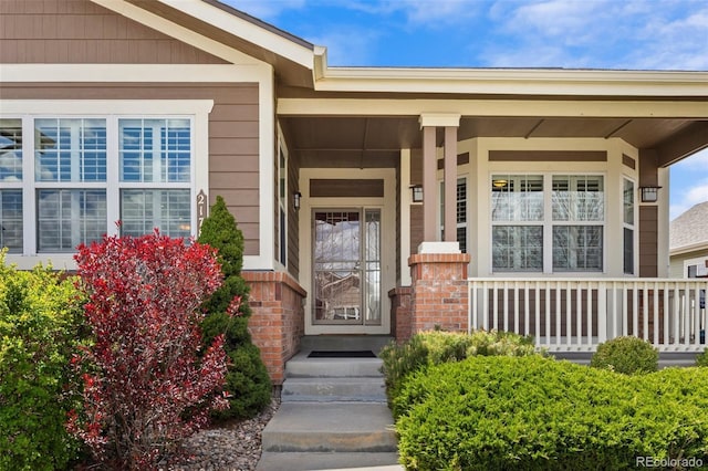 view of exterior entry with a porch and brick siding