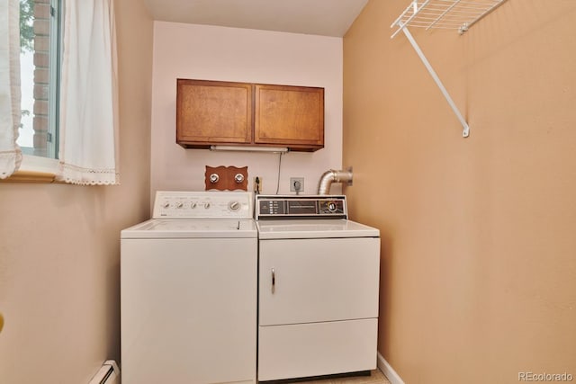 laundry room featuring cabinets, washer and dryer, and a baseboard heating unit