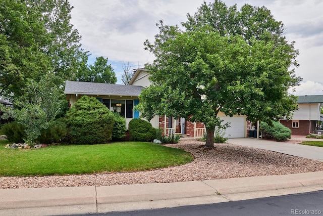 obstructed view of property with a garage and a front yard