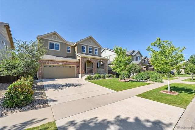 25486 E 4th Pl, Aurora, CO 80018 - traditional-style home featuring brick siding, covered porch, driveway, an attached garage, and a front yard