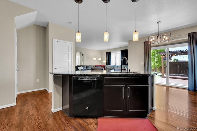 25486 E 4th Pl, Aurora, CO 80018 - kitchen with dishwasher, dark stone counters, dark wood-style floors, open floor plan, and an island with sink