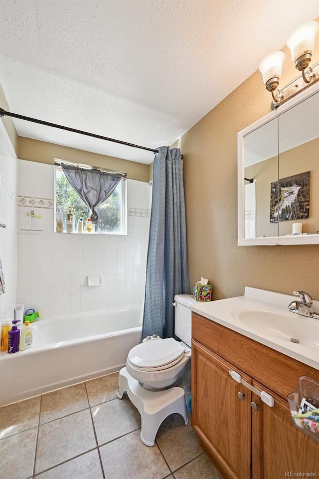 3350 W 94th Ave, Westminster, CO 80031 - bathroom with vanity, shower / bath combo, a textured ceiling, tile patterned floors, and a textured wall