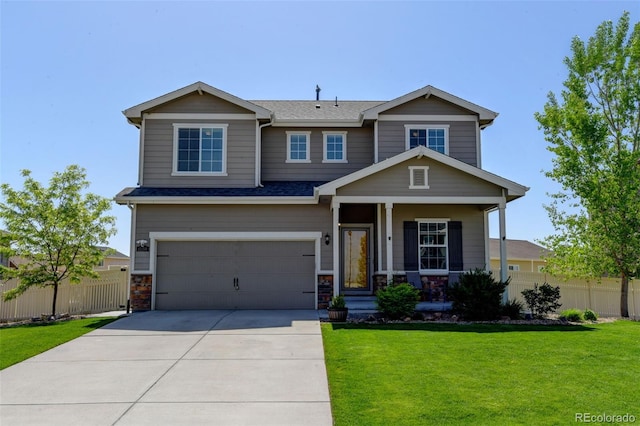 craftsman house with driveway, a porch, an attached garage, roof with shingles, and stone siding