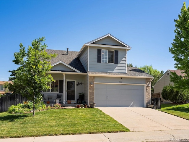 21351 E Williamette Pl, Centennial, CO 80015 - traditional-style house with roof with shingles, driveway, a garage, covered porch, and brick siding