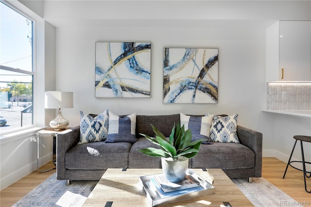 living area with wood finished floors and baseboards