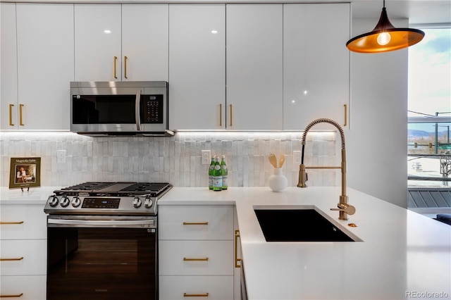 kitchen with stainless steel appliances, modern cabinets, white cabinets, and a sink