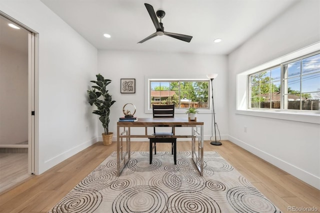 4434 Grove St, Denver, CO 80211 - office area featuring a ceiling fan, light wood-style floors, recessed lighting, and baseboards