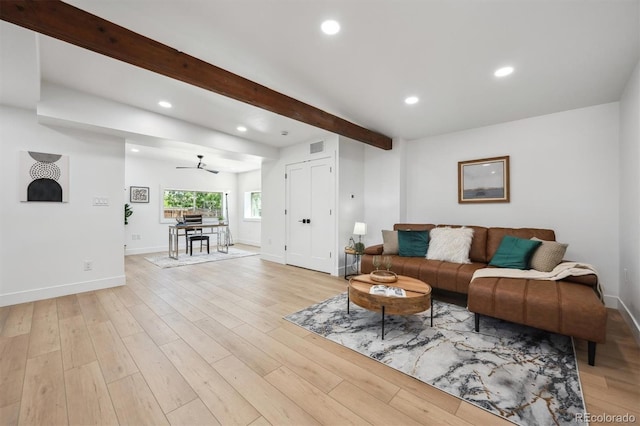 4434 Grove St, Denver, CO 80211 - living area featuring beam ceiling, recessed lighting, light wood-style flooring, baseboards, and ceiling fan