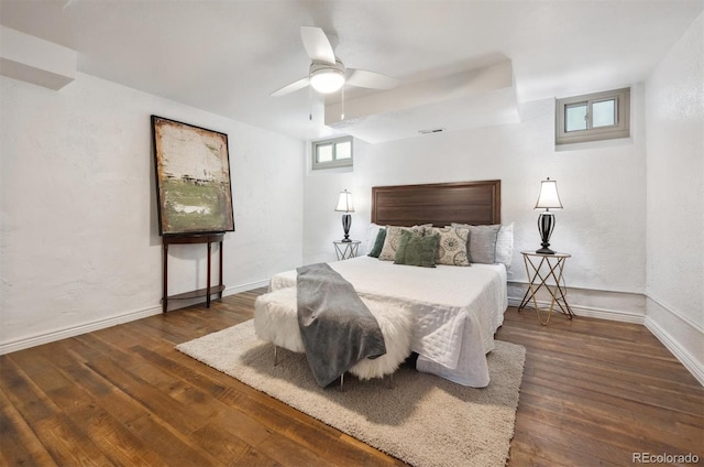 4434 Grove St, Denver, CO 80211 - bedroom with hardwood / wood-style flooring, baseboards, a ceiling fan, and a textured wall