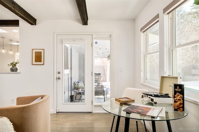 interior space featuring beam ceiling, a healthy amount of sunlight, and wood finished floors