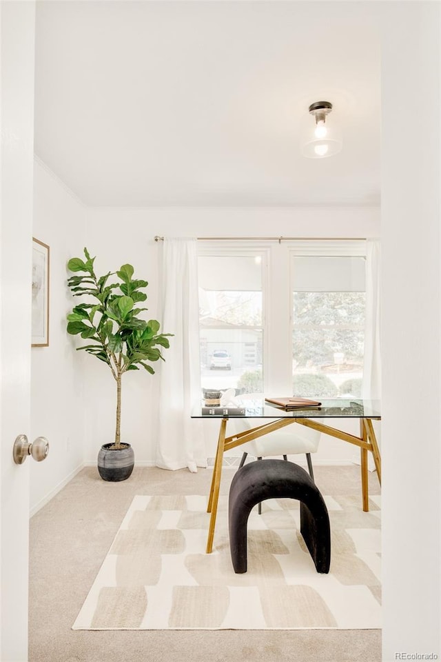 home office featuring baseboards and light colored carpet