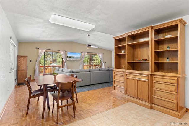 561 Quartz Cir, Bailey, CO 80421 - dining area with lofted ceiling, a ceiling fan, and a textured ceiling