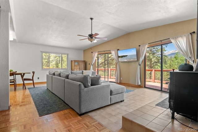 561 Quartz Cir, Bailey, CO 80421 - living room with healthy amount of natural light, ceiling fan, lofted ceiling, and a textured ceiling
