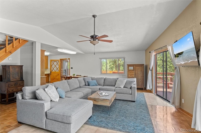 561 Quartz Cir, Bailey, CO 80421 - living area with lofted ceiling, ceiling fan, and stairs