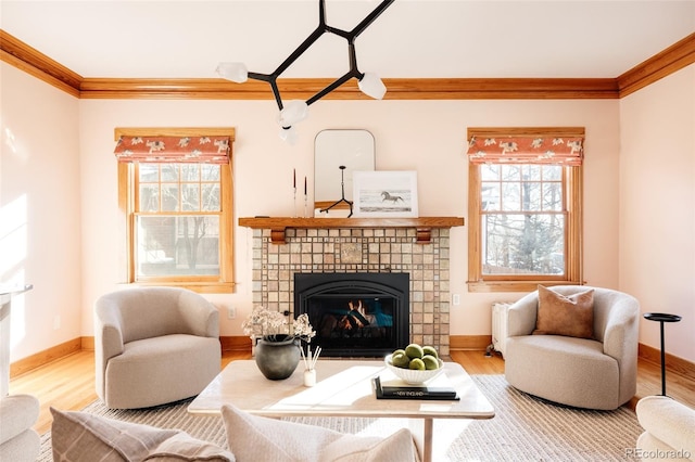 living room with ornamental molding, a fireplace, and hardwood / wood-style floors