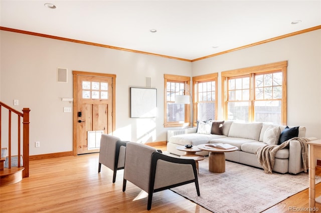 living room with ornamental molding and light hardwood / wood-style flooring