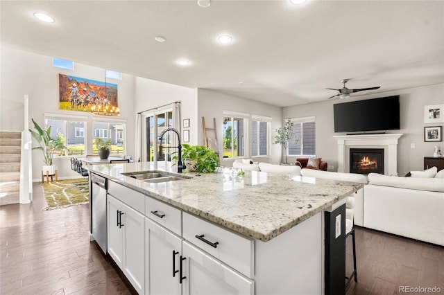 4778 Ravencrest Pl, Castle Rock, CO 80108 - kitchen with dishwasher, recessed lighting, a ceiling fan, a glass covered fireplace, and light stone counters