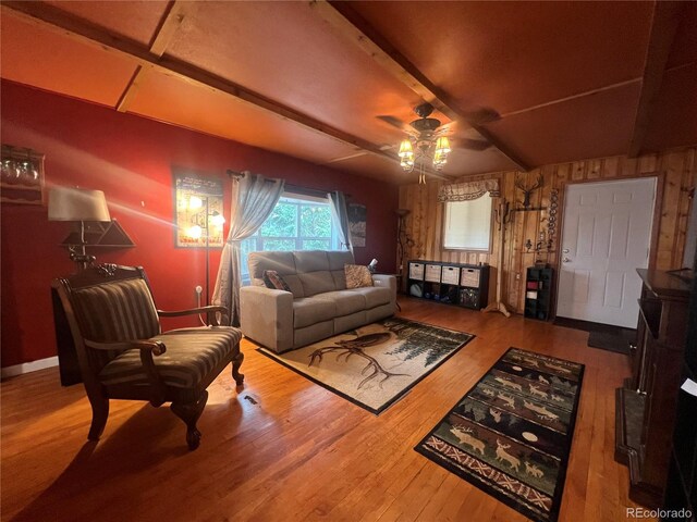 187 Johnson Rd, Bailey, CO 80421 - living area featuring ceiling fan, wood finished floors, and beamed ceiling