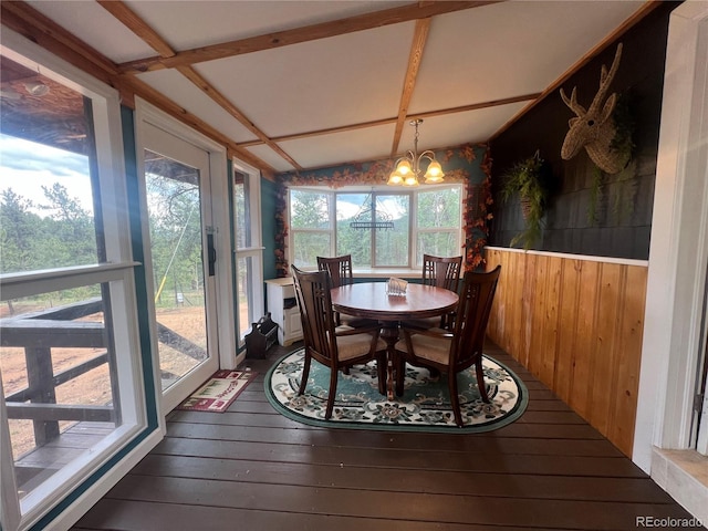 187 Johnson Rd, Bailey, CO 80421 - sunroom featuring hardwood / wood-style flooring, vaulted ceiling, wooden walls, a chandelier, and a wooden deck