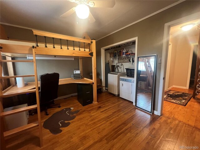 187 Johnson Rd, Bailey, CO 80421 - office with separate washer and dryer, ornamental molding, wood-type flooring, and ceiling fan