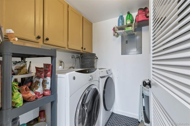 8751 Chase Dr Unit 181, Arvada, CO 80003 - washroom featuring cabinet space, electric panel, washing machine and clothes dryer, and dark tile patterned floors