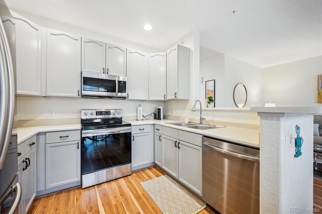 8520 S Holland Ln Unit 102, Littleton, CO 80128 - kitchen with appliances with stainless steel finishes, a sink, light wood-type flooring, a peninsula, and light countertops