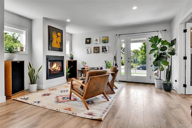 3178 N Race St, Denver, CO 80205 - living room with a glass covered fireplace, hardwood / wood-style floors, recessed lighting, and french doors