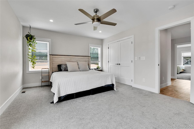 3178 N Race St, Denver, CO 80205 - carpeted bedroom with baseboards, ceiling fan, recessed lighting, and a closet
